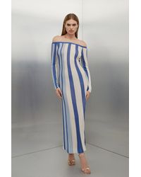 Karen Millen - Tall Viscose Slinky Slash Neck Striped Knit Midaxi Dress - Lyst