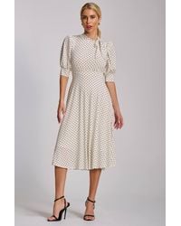 Jolie Moi - Tie Neck Puffy Sleeve Jersey Midi Dress - Lyst