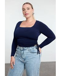 WOVCOR - Square Neck Ruched Detail Long Sleeve Fitted Top - Lyst