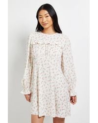 Dorothy Perkins - Petite Cream Ditsy Gathered Bodice Lace Back Long Sleeve Mini Dress - Lyst