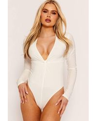 Stylewise - Twist Front Slinky Plunge Neck Long Sleeve Bodysuit - Lyst