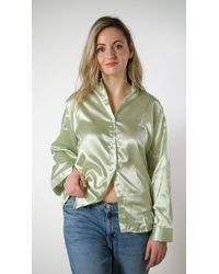 The Colourful Aura - Green Silk Satin Plain Long Sleeve Solid Print Loose Shirt - Lyst
