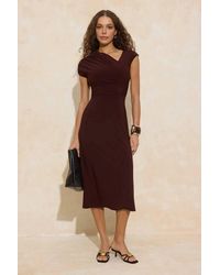 WOVCOR - Ruched Asymmetric Neck Cap Sleeve Stretch Midi Dress - Lyst