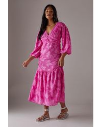 Warehouse - Burnout Chiffon Plunge Neck Ruched Bodice Peplum Midi Dress - Lyst