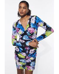 Warehouse - Floral Print Velvet Ruched Mini Dress - Lyst