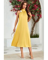 FS Collection - Satin Halter Neck Tie Back Midi Dress In Yellow - Lyst