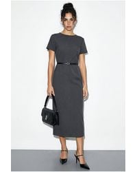 Bianco Lucci - Belted Midi Dress With Crew Neck - Lyst
