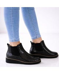 Absolute Footwear - Faux Patent Leather Wedge Ankle Chelsea Boots With Twin Gusset - Lyst