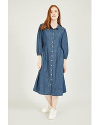Yumi' - Chambray Shirt Dress With Puff Sleeves - Lyst