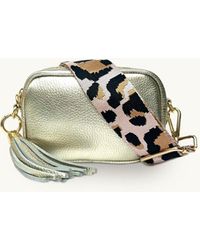 Apatchy London - The Mini Tassel Gold Leather Phone Bag With Pale Pink Leopard Strap - Lyst
