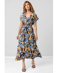 Roman - Tropical Floral Shirred Waist Midi Dress - Lyst