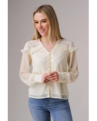 Influence - Lace Semi-Sheer Long Sleeve Ruffled V-Neck Blouse - Lyst