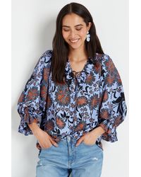 Wallis - Blue Floral Puff Sleeve Frill Blouse - Lyst