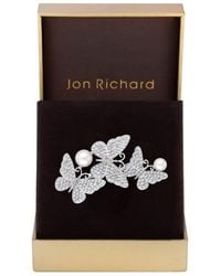Jon Richard - Rhodium Plated Crystal Pave Triple Butterfly And Pearl Brooch - Gift Boxed - Lyst