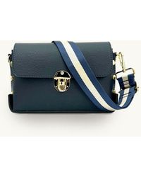 Apatchy London - The Bloxsome Navy Leather Crossbody Bag With Navy & Gold Stripe Strap - Lyst