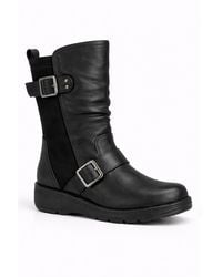 Spot on - Extra Wide Fit Mid Calf Buckle Strap Flat Boots With Stretch Panel - Lyst