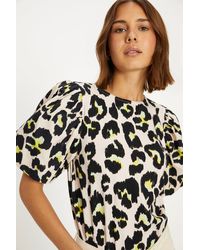 Oasis - Animal Printed Woven Mix Puff Sleeve T-shirt - Lyst