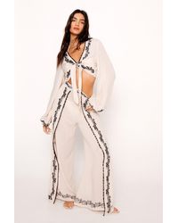 Nasty Gal - Rayon Crepe Embroidered Wide Leg Beach Pants - Lyst