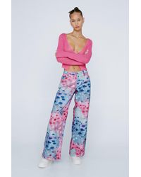 Nasty Gal - Petite Floral Print Wide Leg Denim Jeans - Lyst