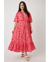 Wallis - Curve Red Floral Button Through Tiered Midi Dress - Lyst