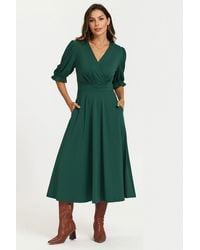 FS Collection - Half Sleeves Jersey Midi Dress With Wrap Neckline - Lyst