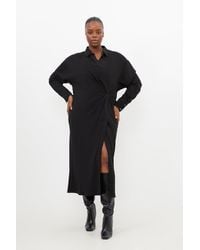 Karen Millen - Plus Size Viscose Crepe Long Sleeve Woven Midi Shirt Dress - Lyst