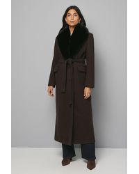 Wallis - Faux Fur Collar Tie Belt Coat - Lyst