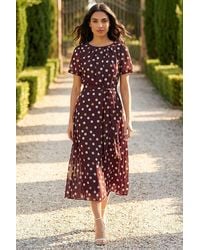 Roman - Polka Dot Pleat Neck Midi Dress - Lyst