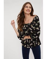 Dorothy Perkins - Tall Black Floral Square Neck Shirred Top - Lyst