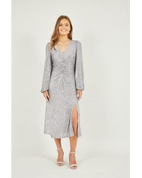 Yumi' - Silver Sequin Ruched Front Long Sleeve Midi Dress - Lyst