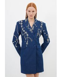 Karen Millen - Embellished Denim Double Breasted Blazer Mini Dress - Lyst