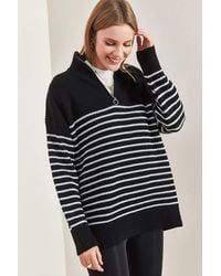 Bianco Lucci - Striped Zipper Collar Relaxed Fit Sweater - Lyst