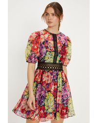 Oasis - Ditsy Floral Lace Trim Organza Mini Dress - Lyst