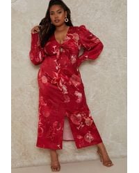 Chi Chi London - Plus Size V Neck Puff Sleeve Floral Midi Dress - Lyst