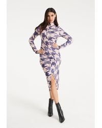 Liquorish - Overscale Houndstooth Print Midi Dress With High Neck & Ruching Detail - Lyst