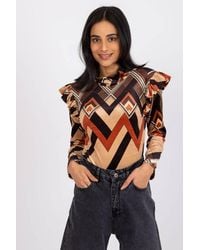 Love Lace - Velvet Collared Long Sleeve Blouse With Ruffles - Lyst