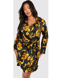 Boohoo - Plus Satin Floral Print Drape Wrap Shirt Dress - Lyst