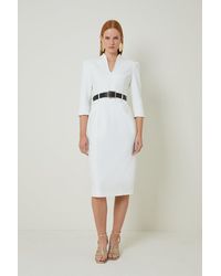Karen Millen - Petite Tailored Structured Crepe High Neck Belted Pencil Dress - Lyst