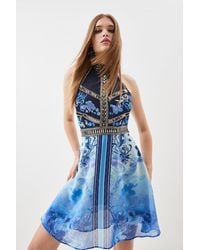 Karen Millen - Tall Cross Front Beaded Embellished Woven Mini Dress - Lyst