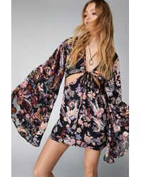 Nasty Gal - Floral Devore Extreme Flare Sleeve Cut Out Mini Dress - Lyst