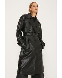 Oasis - Black Longline Faux Leather Trench Coat - Lyst