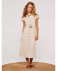 Apricot - Linen Blend Belted Shirt Midi Dress - Lyst