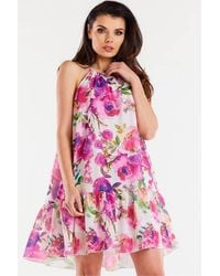 Love Lace - Chiffon Flared Day Dress Ruffle Hem Tie Back - Lyst