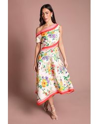 Coast - Off The Shoulder Asymmetric Printed Satin Midi Dress - Lyst