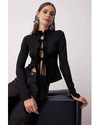 WOVCOR - Floral Jacquard Tie Front Long Sleeve Knit Blouse W/ Mandarin Neck - Lyst
