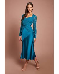 Coast - Long Sleeve Lace Belted Satin Skirt Midi Dress - Lyst