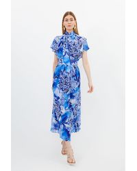 Karen Millen - Blue Rose Georgette Pussy Bow Woven Midi Dress - Lyst