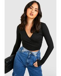 Boohoo - Ribbed Wrap Front Long Sleeve Cropped Top - Lyst