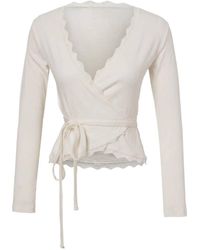 WOVCOR - Fitted Wrap Neckline Long Sleeve Lace Detail Crop Blouse - Lyst