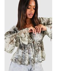 Boohoo - Chiffon Marble Tie Front Blouse - Lyst